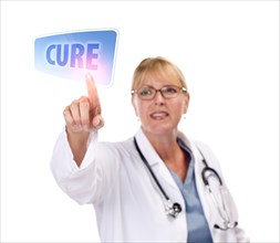 Attractive female doctor touching a cure button on touch screen