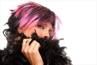 Pink and black haired girl with boa portrait isolated on a white background