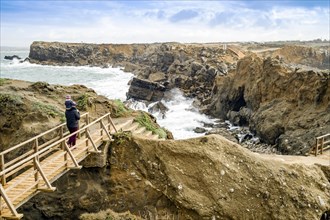 Father and little son admiring Papoa islet in Peniche