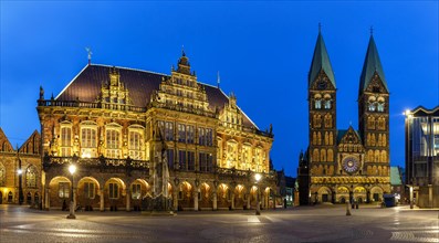 Marketplace Bremen City Hall Cathedral Church Roland Panorama by night in Bremen