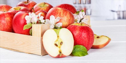 Apples fruits red apple fruit box on wooden board banner with flowers and leaves