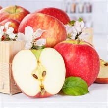 Apples fruits red apple fruit box on wooden board square with flowers and leaves