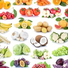 Fruits and vegetables fruits background apple tomatoes square bananas oranges lemon grapes collage clipping isolated against a white background in germany