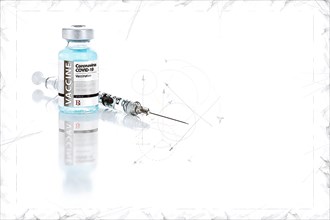Artistic rendering sketch of coronavirus COVID-19 vaccine vial and syringe on reflective surface