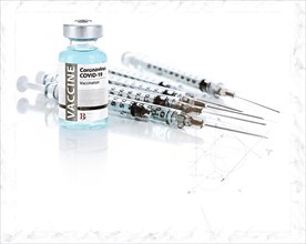 Artistic rendering sketch of coronavirus COVID-19 vaccine vial and several syringes on reflective surface