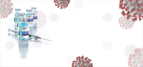 Coronavirus COVID-19 vaccine vial against molecule background banner