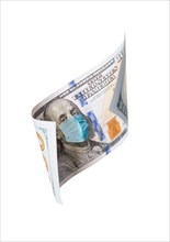 One hundred dollar bill with medical face mask on benjamin franklin isolated on white