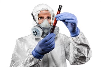 Woman in hazmat suit and gas mask holding test tube of blood isolated on white background
