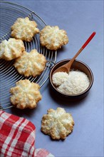 Coconut macaroons and coconut flakes in bowls