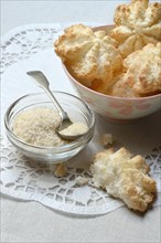 Coconut macaroons and coconut flakes in bowls