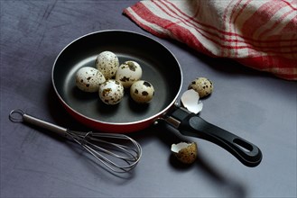 Quail eggs in frying pan and whisk