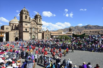 Plaza de Armas with Cathedral Catedral Basilica de la Virgen de la Asuncion during a parade