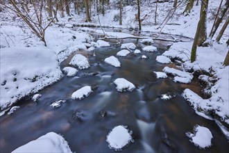 Wild river Hoellbach flows through in winter