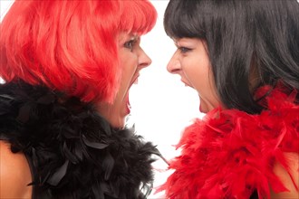 Red and black haired women with boas screaming at each other on a white background