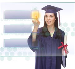 Young female graduate pushing blank button on translucent panel