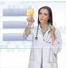 Young doctor or nurse pushing blank button on futuristic translucent panel