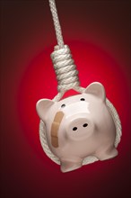 Piggy bank with bandage hanging in hangman's noose on red spot lit background