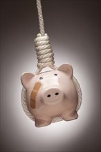 Piggy bank with bandage hanging in hangman's noose on spot lit background