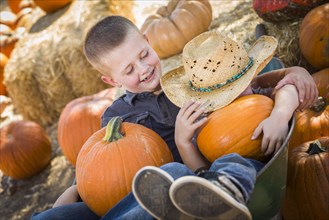 Two little boys playing in wheelbarrow at the pumpkin patch in a rustic country setting