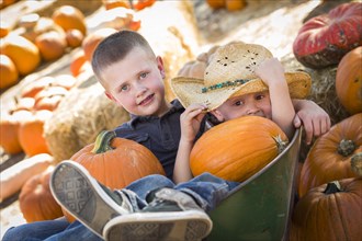 Two little boys playing in wheelbarrow at the pumpkin patch in a rustic country setting