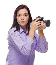 Attractive mixed-race young woman with DSLR camera isolated on a white background