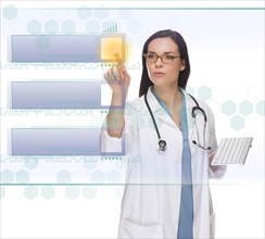 Female doctor or nurse holding wireless keyboard pushing blank button on futuristic translucent panel