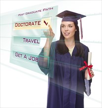 Attractive young mixed-race female graduate in cap and gown choosing doctorate post graduate path button on futuristic translucent panel