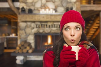 Smiling mixed race girl looking to the side enjoying a warm fireplace and holding mug of cocoa or hot tea