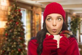 Warm mixed race woman wearing winter hat and gloves in christmas setting