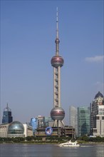 View over the Huangpu River to the skyline of the special economic zone Pudong with Oriental Pearl Tower