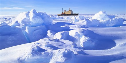 Russian Icebreaker Kapitan Khlebnikov parked in the frozen sea at Drescher Inlet Iceport