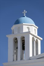 Blue and white steeple of the Greek Orthodox Church Church Î™ÎµÏÏŒÏ‚ ÎÎ±ÏŒÏ‚ Î–Ï‰Î¿Î´ÏŒÏ‡Î¿Ï… Î Î·Î³Î®Ï‚