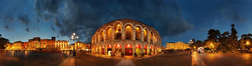 360 panorama of the Roman amphitheatre Arena di Verona in the evening