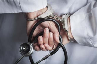 Female doctor or nurse in handcuffs and lab coat holding stethoscope
