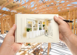 Hands holding pen and pad of paper with built-in shelves and cabinets inside house construction framing