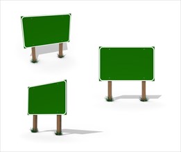 3D illustrations of three different angled blank green road signs ready for your own message