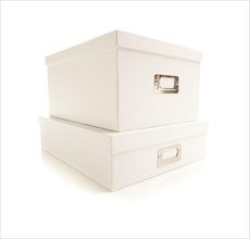 Two stacked white file boxes with lids isolated on a white background