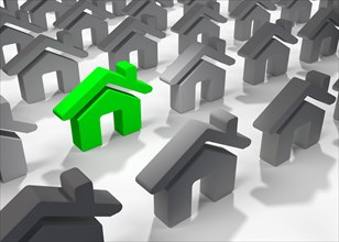 3D illustration of bright green house icon standing out among many other grey houses