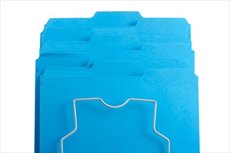 Blue file folders in rack isolated on a white background. labels ready for your own text