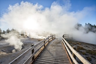Boardwalk between steaming hot springs