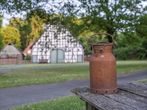 Old milk can in the village center of the Rundlingsdorf Luebeln