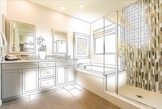 Custom master bathroom photo with brush stroke to design drawing