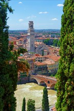 City view Verona with the stone bridge Ponte Pietra and the river Adige
