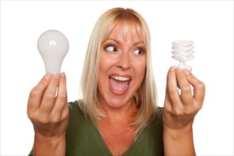 Woman holds energy saving and regular light bulbs isolated on a white background