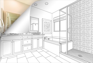 Master bathroom drawing page corner flipping with photo behind