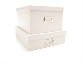 Two stacked white file boxes with lids isolated on a white background