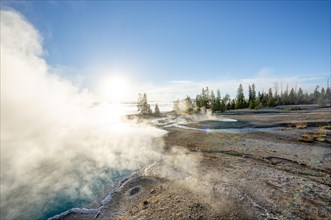 Steaming hot springs with turquoise water in the morning sun