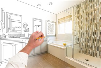 Hand drawing custom master bathroom with cross section of finished photograph