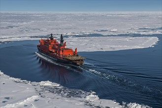Aerial of the Icebreaker '50 years of victory' on its way to the North Pole