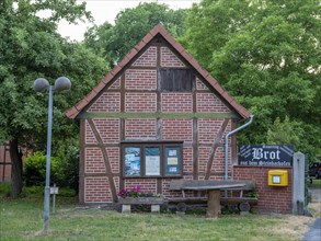 Half-timbered house with showcase and letterbox in the Rundlingsdorf Luebeln